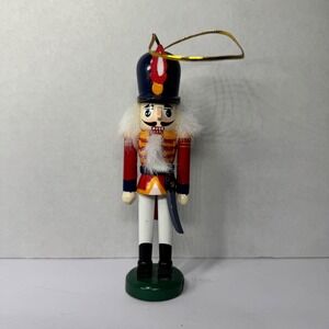 Wooden Nutcracker Soldier Christmas Ornament 4.5 Inch Red White Blue Vintage EUC
